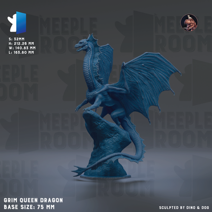 The image is a 3D rendering of a blue, winged dragon statue. The dragon is depicted in a dynamic pose, with its wings spread wide. The background is a dark gray color, which contrasts with the dragon's blue hue. The image is described as a "GRIM QUEEN DRAGON" and is shown in a base size of 7.5 mm. It is also noted that the sculpture is "Sculpted by Dino & Dog".