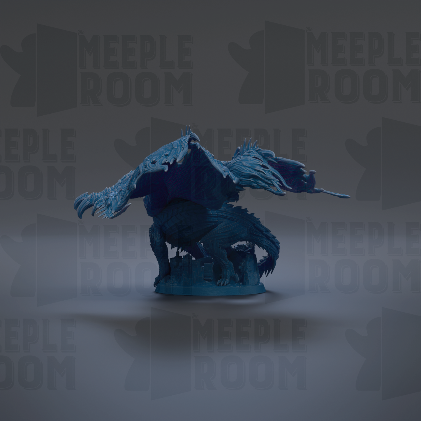 A blue dragon figurine is shown against a dark background with repeated text.
