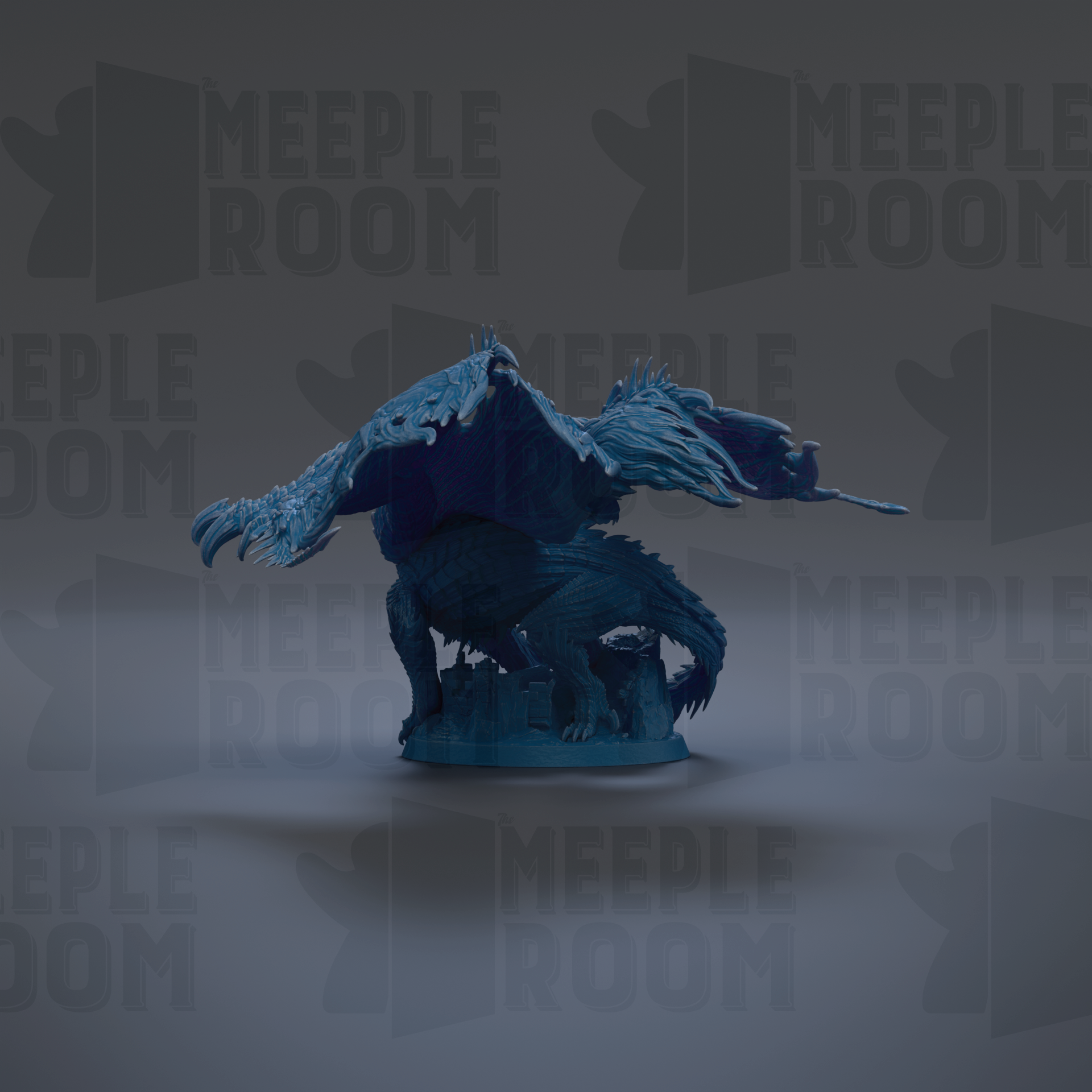 A blue dragon figurine is shown against a dark background with repeated text.