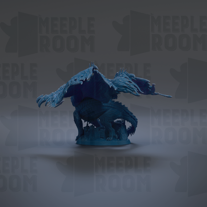 A blue dragon figurine is shown against a dark background with repeated text.