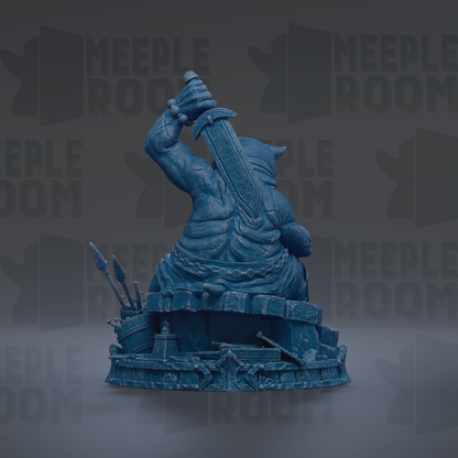 A blue statue of a person holding a sword, standing on a pedestal with various objects around it.