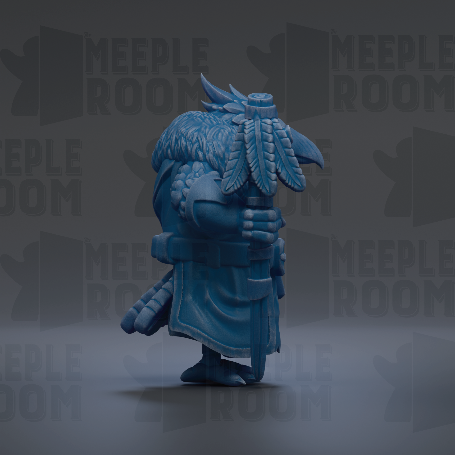 A blue, winged creature with a pointed hat and a long, curved weapon is depicted in the image.