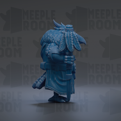 A blue, winged creature with a pointed hat and a long, curved weapon is depicted in the image.