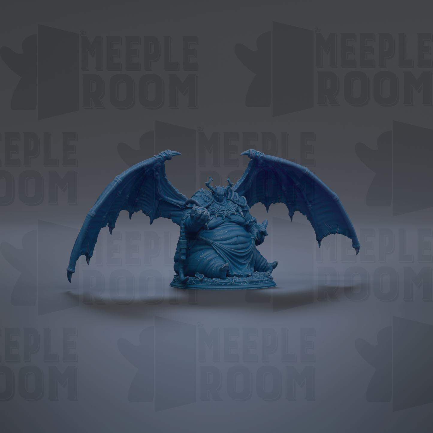 A blue, winged figurine with a large body and a small head, sitting on a pedestal against a dark background with repeated text.