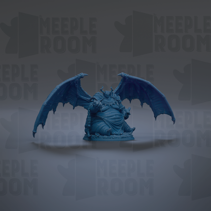 A blue, winged figurine with a large body and a small head, sitting on a pedestal against a dark background with repeated text.