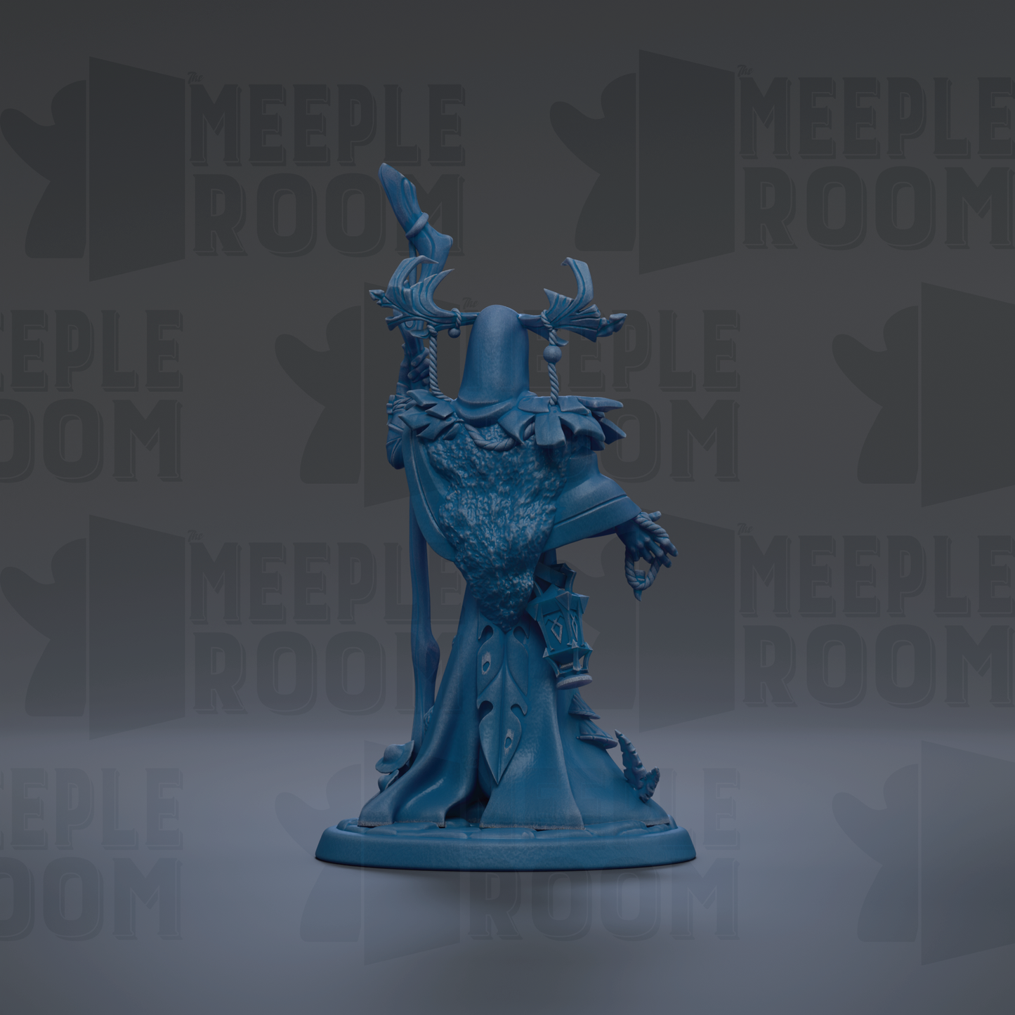 A blue figurine of a wizard or magical being, with intricate details and a flowing robe, stands prominently against a dark background with repeated text.