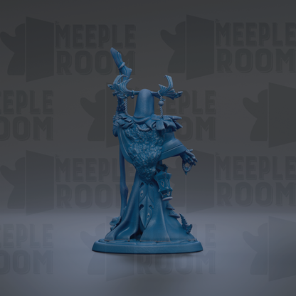 A blue figurine of a wizard or magical being, with intricate details and a flowing robe, stands prominently against a dark background with repeated text.