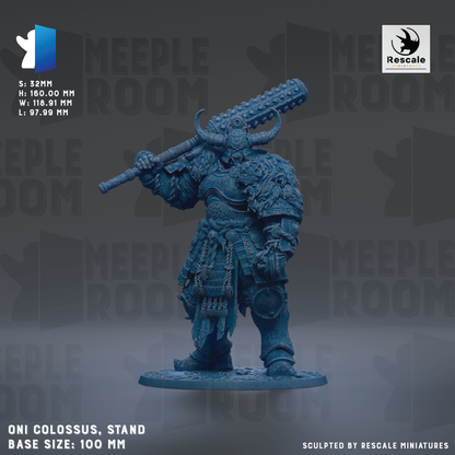 a detailed figurine of a warrior standing on a base, holding a large weapon. The figurine is in a standing position and is the main focus of the image. The base size of the figurine is 100 millimeters. The image is a sculpture by Rescue Miniatures, and it is a part of the "Meeple Room" series.
