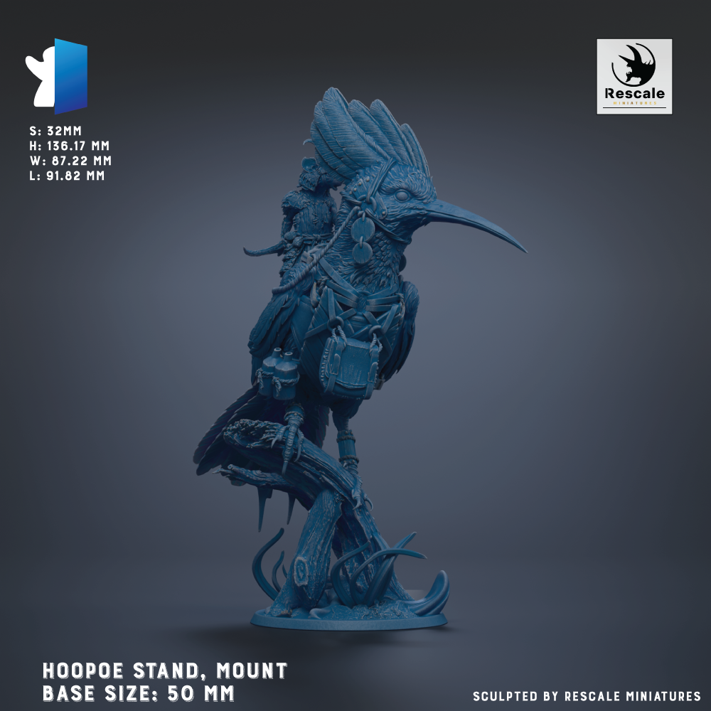 A detailed 3D model of a Hoopoe bird, a mythical creature with a long beak and legs, mounted on a stand. The image is described as a Hoopoe stand, mounted base size 50 mm.