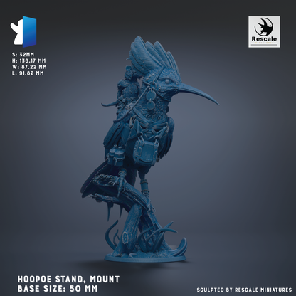 A detailed 3D model of a Hoopoe bird, a mythical creature with a long beak and legs, mounted on a stand. The image is described as a Hoopoe stand, mounted base size 50 mm.