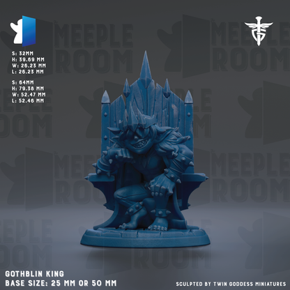 a detailed model of a Gothic king, with intricate details and a realistic appearance. The base size of the model is either 25mm or 50mm, depending on the perspective. The model is set against a dark background, which emphasizes its grandeur and prominence. The image is a sculpted representation of the Gothic king, showcasing the craftsmanship and artistry involved in creating this miniature.