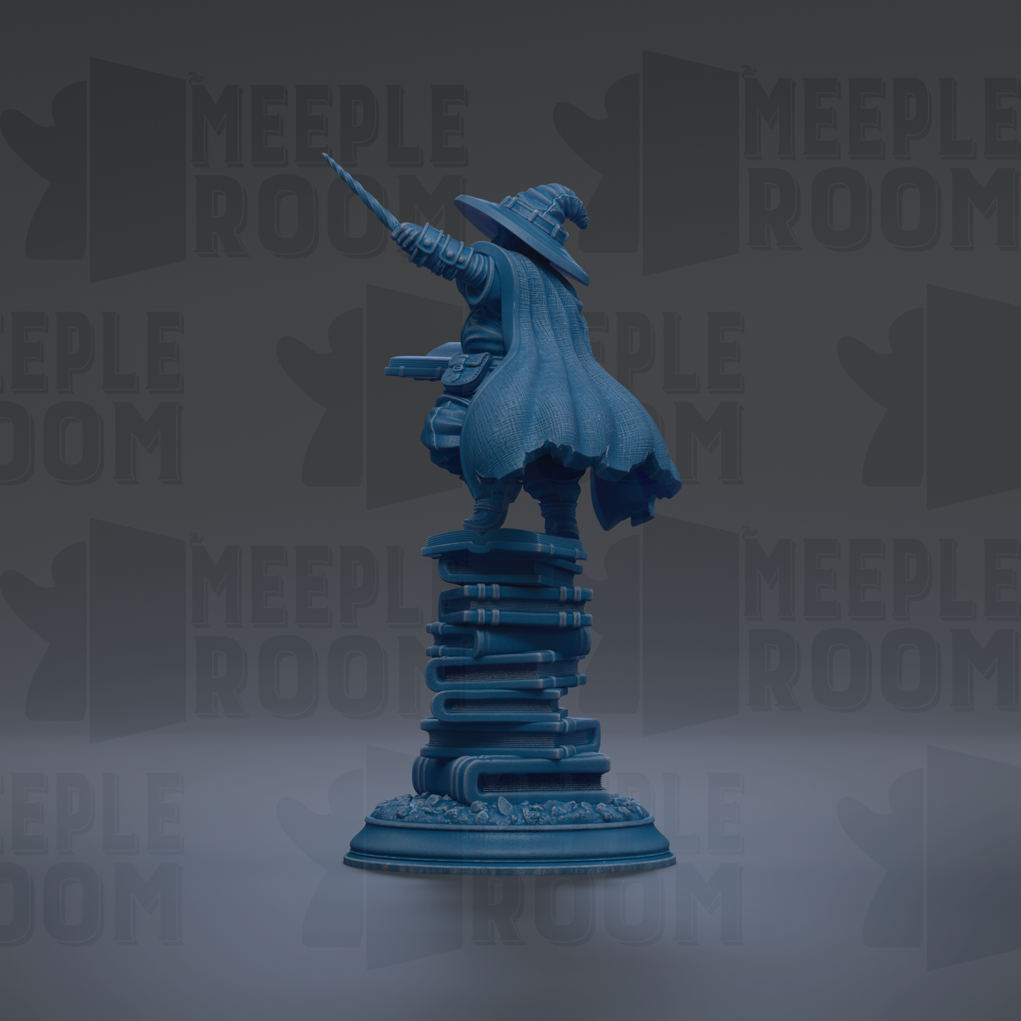 A blue statue of a wizard standing on a stack of books, with the text "MEUPLE ROOM" repeated in the background.