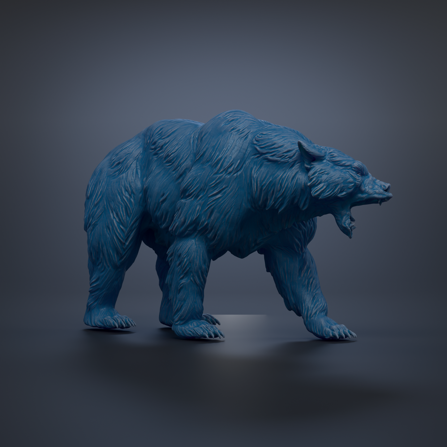 A 3D rendering of a blue bear statue with a fierce expression, standing on a dark surface.