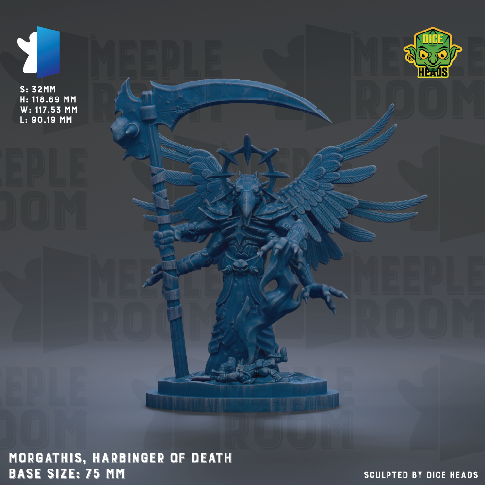 a large, detailed statue of a winged, armored figure wielding a large weapon. The figure appears to be a character from a fantasy or mythology setting, possibly from a video game or other media. The statue is described as "Morgathis, Harbinger of Death" and is shown in a base size of 7.5MM. The image is a collage of various images, and the phrase "Sculpted by dice heads" suggests that the statue is a product of a dice-based game or platforming system.