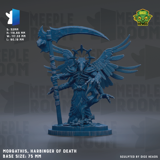 a large, detailed statue of a winged, armored figure wielding a large weapon. The figure appears to be a character from a fantasy or mythology setting, possibly from a video game or other media. The statue is described as "Morgathis, Harbinger of Death" and is shown in a base size of 7.5MM. The image is a collage of various images, and the phrase "Sculpted by dice heads" suggests that the statue is a product of a dice-based game or platforming system.