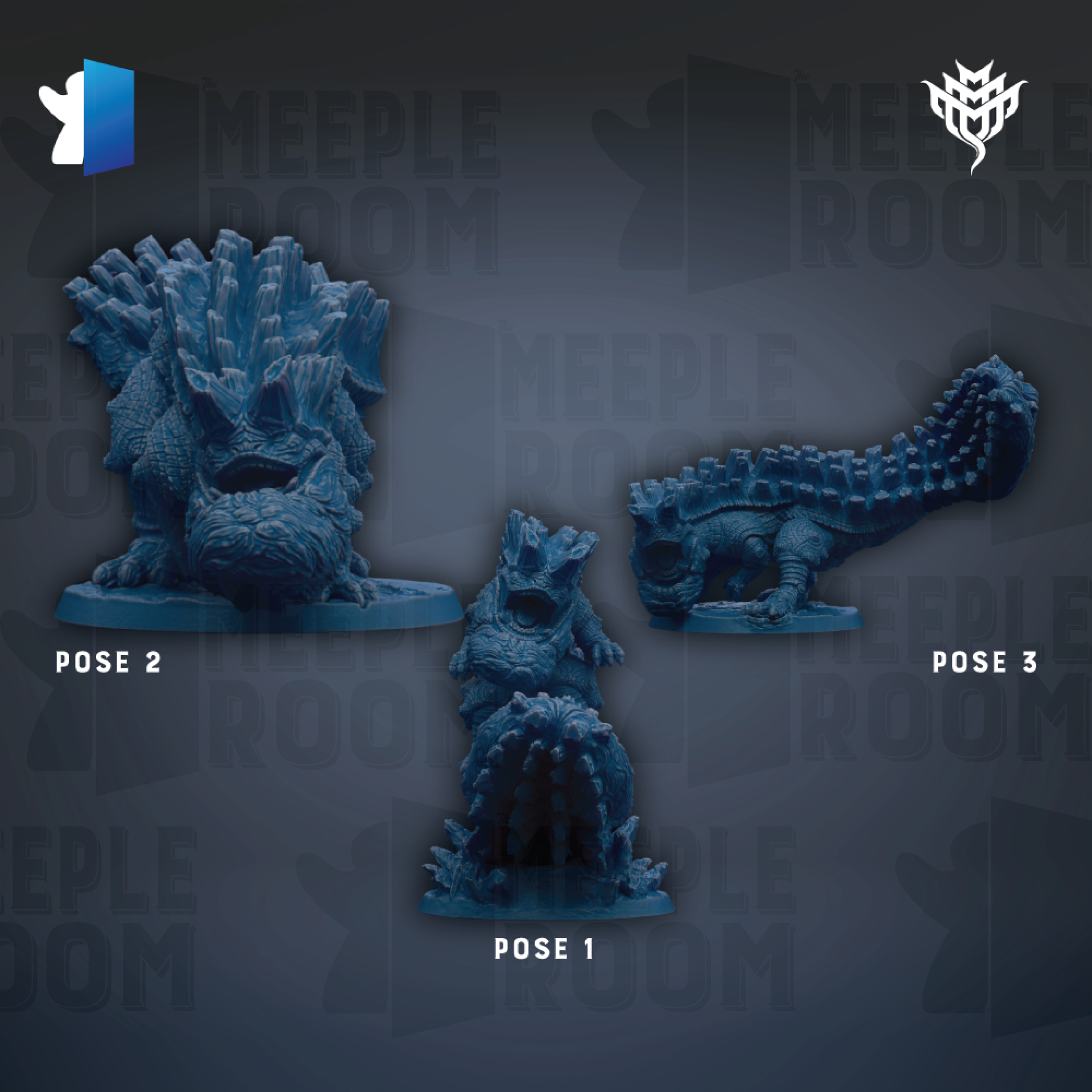 three blue figurines of creatures, each with a different pose, arranged against a dark background with repeated text.