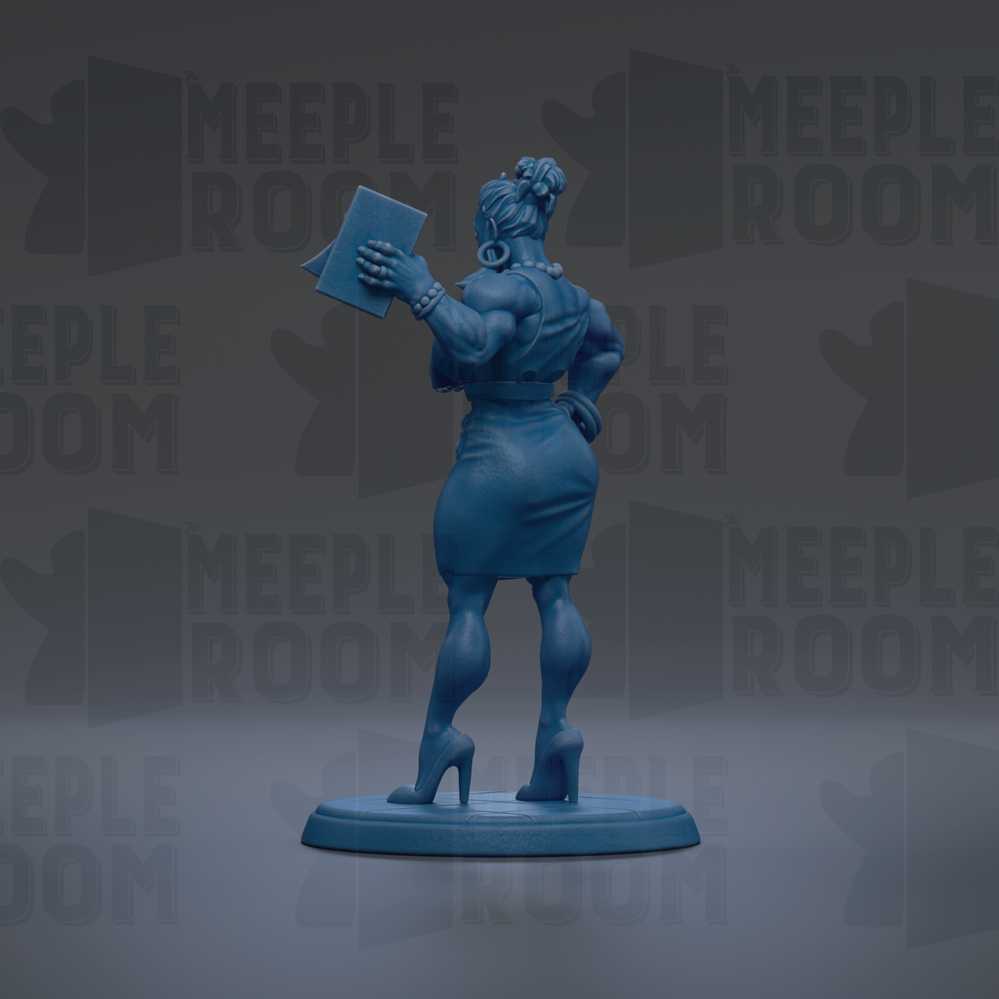 A blue figurine of a woman holding a book, standing on a base with the word "MEUPLE ROOM" repeated in the background.
