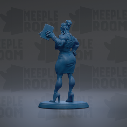 A blue figurine of a woman holding a book, standing on a base with the word "MEUPLE ROOM" repeated in the background.