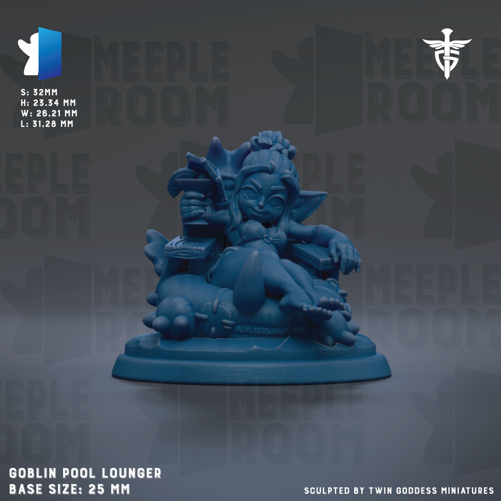 A blue figurine of a character sitting on a throne-like base, with a sword in their hand. The figurine appears to be a pool lounger or throne-like structure.