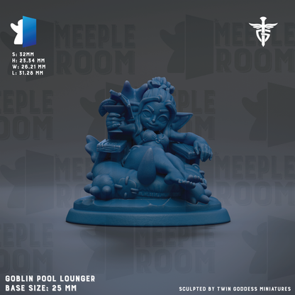 A blue figurine of a character sitting on a throne-like base, with a sword in their hand. The figurine appears to be a pool lounger or throne-like structure.