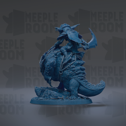A blue, 3D-rendered statue of a fantastical creature, possibly a dragon or serpent, with a human-like figure riding on its back.