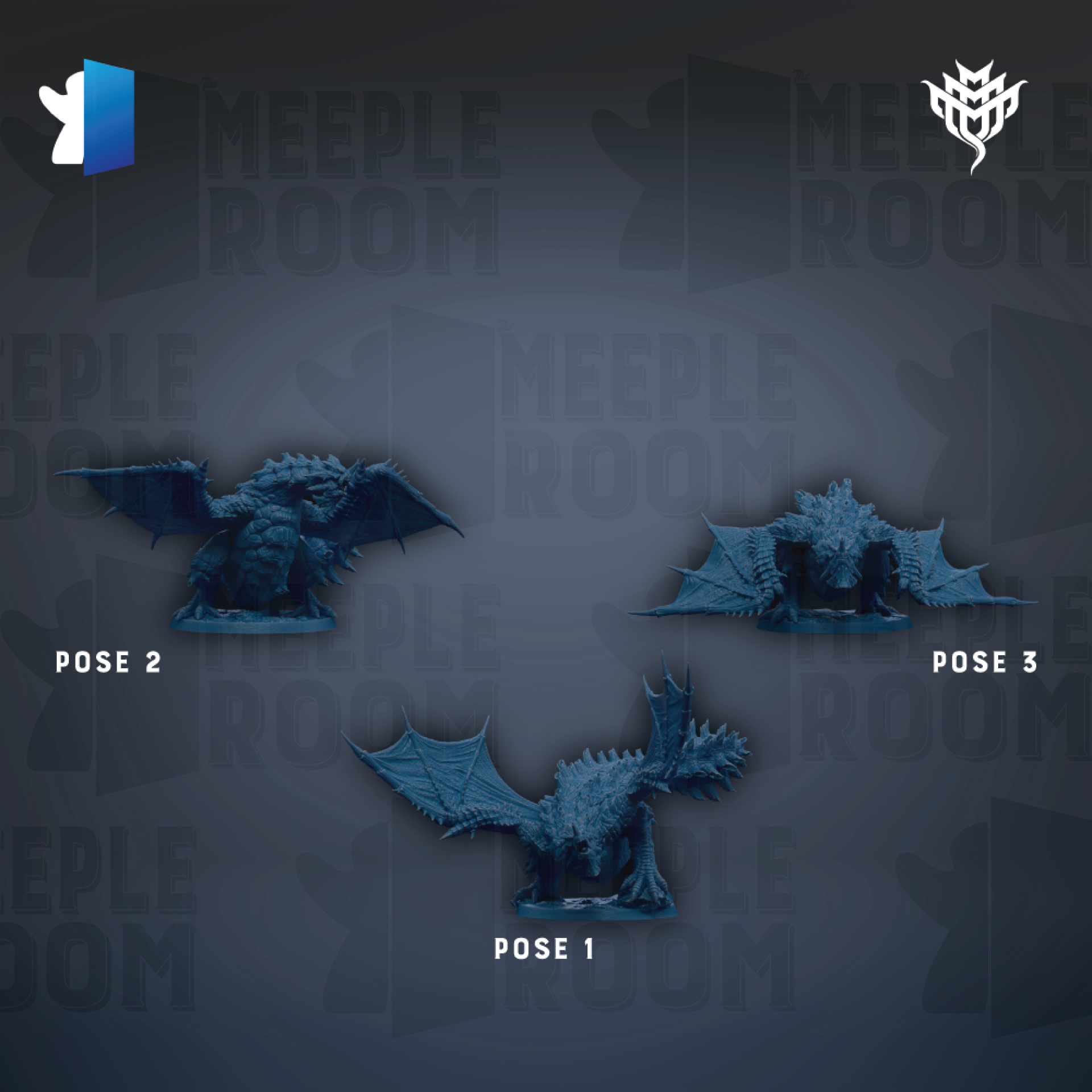 three blue dragon statues, each in a different pose, arranged against a dark background with repeated text.