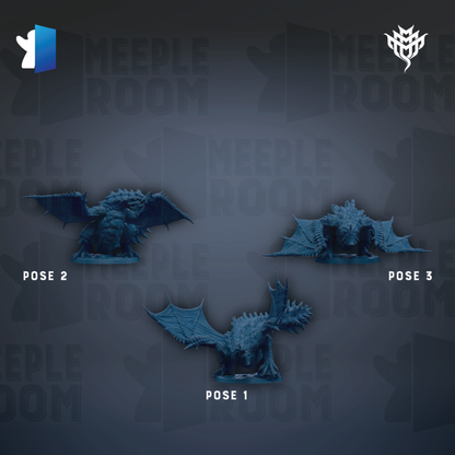 three blue dragon statues, each in a different pose, arranged against a dark background with repeated text.