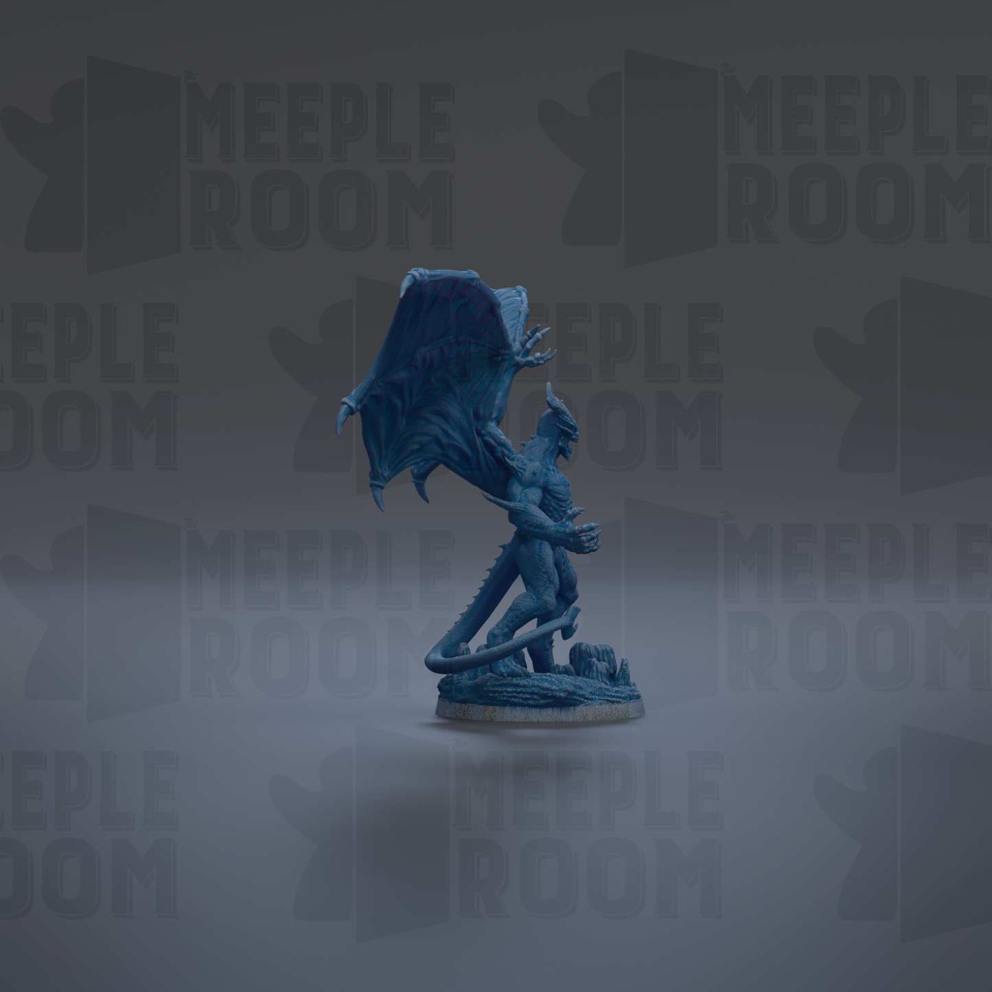 A blue dragon figurine is shown against a dark background with repeated text.