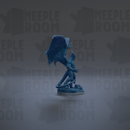 A blue dragon figurine is shown against a dark background with repeated text.