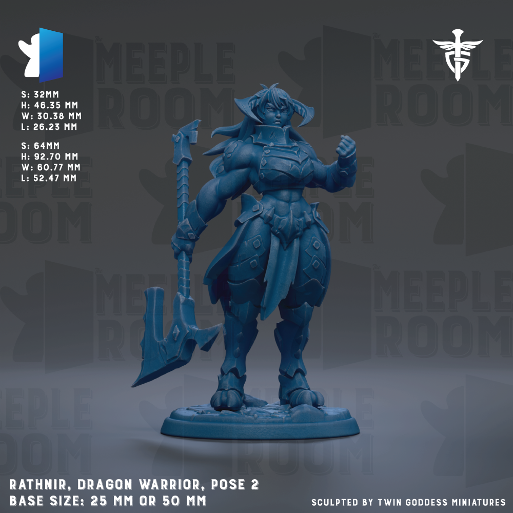 a detailed blue figurine of a dragon warrior, with the warrior holding a large sword and a shield. The figurine is posed in a dynamic stance, with the warrior's arms outstretched and the sword held high. The base size of the figurine is 25mm or 50mm, depending on the perspective. The image is a sculpture by Twin Goddess Miniatures, and the warrior is the central focus of the piece.