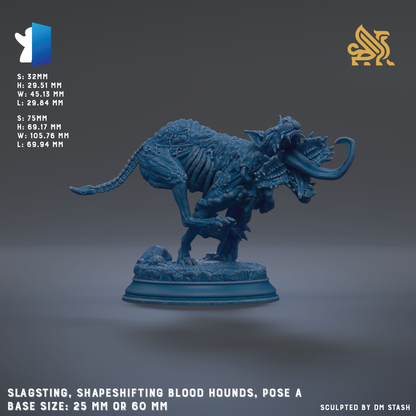 A blue figurine of a blood hound posed on a base, with the text describing the figurine's features and dimensions.