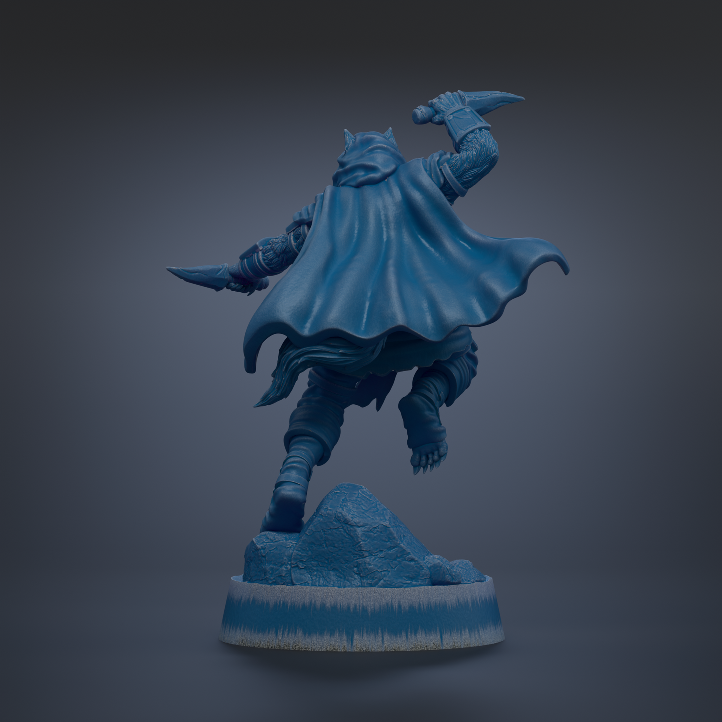 A blue statue of a person in a cape, holding a weapon, standing on a rock.