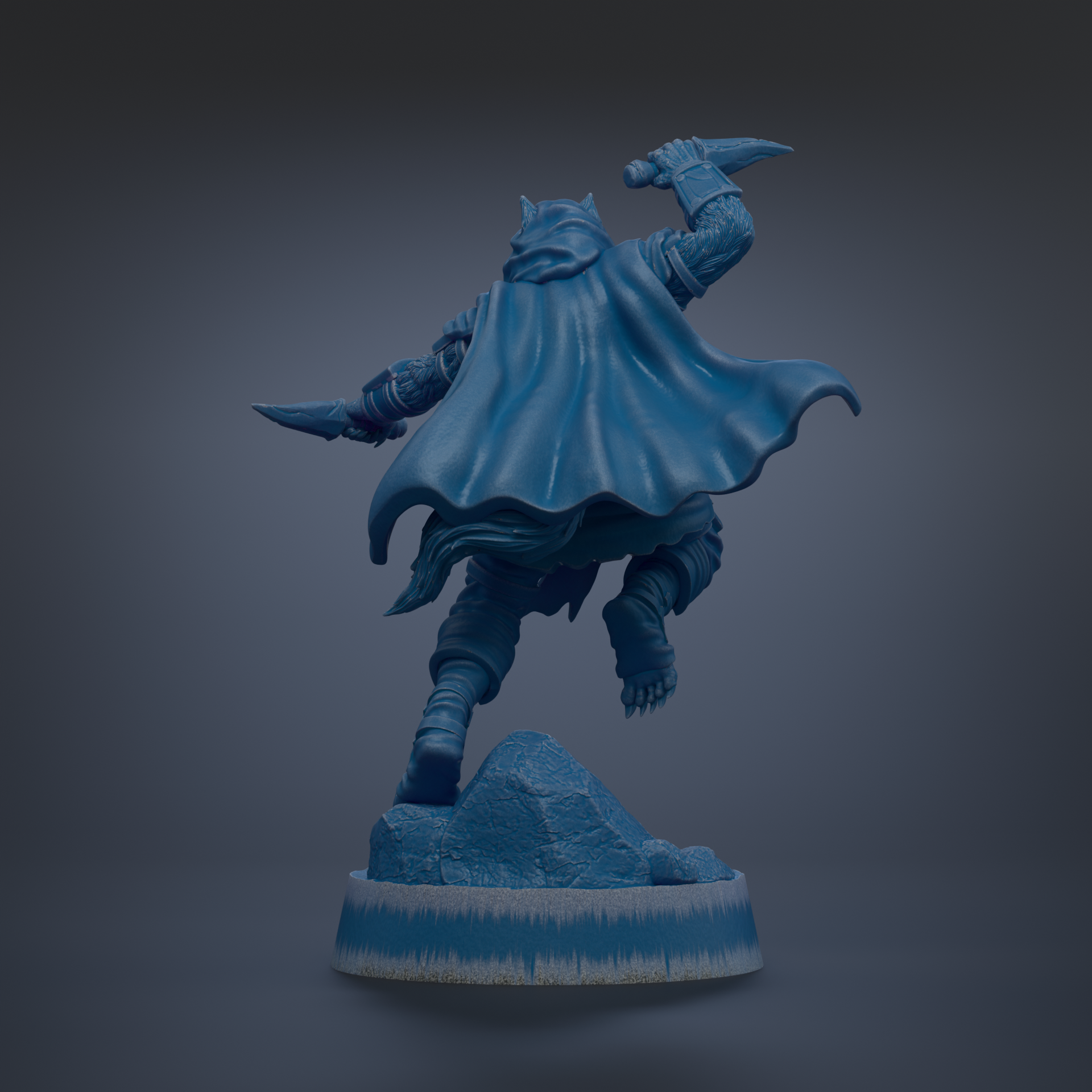 A blue statue of a person in a cape, holding a weapon, standing on a rock.