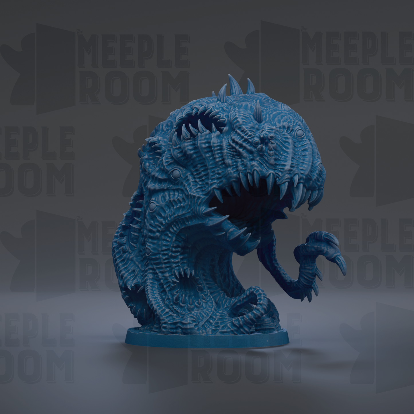 A 3D rendering of a blue, monstrous creature with sharp teeth and claws, standing on a base.