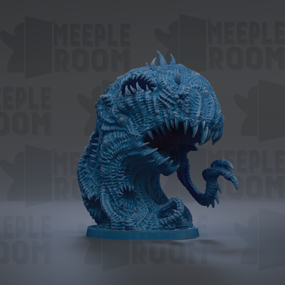 A 3D rendering of a blue, monstrous creature with sharp teeth and claws, standing on a base.