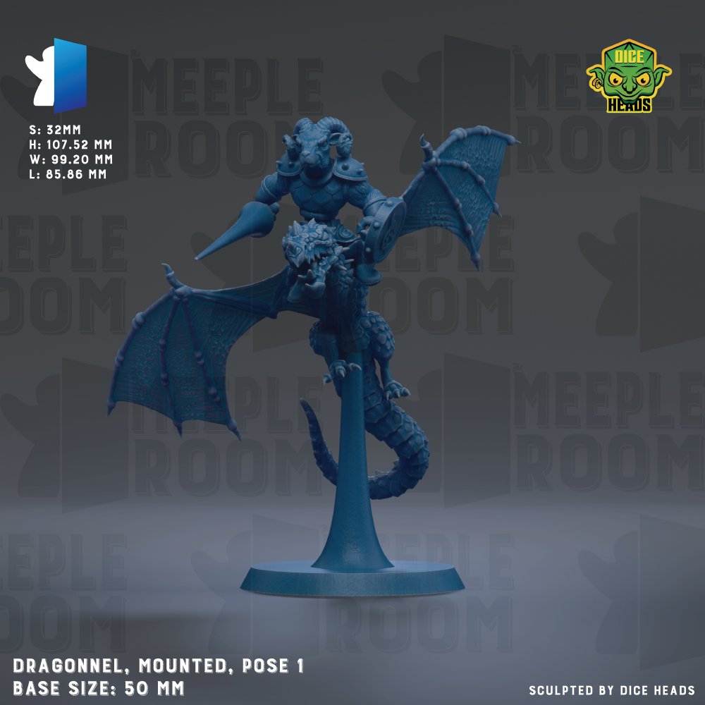 The image is a 3D model of a dragon mounted on a pedestal, with wings spread wide. The dragon is posed in a dynamic, action-packed stance. The base size of the dragon is 50mm.