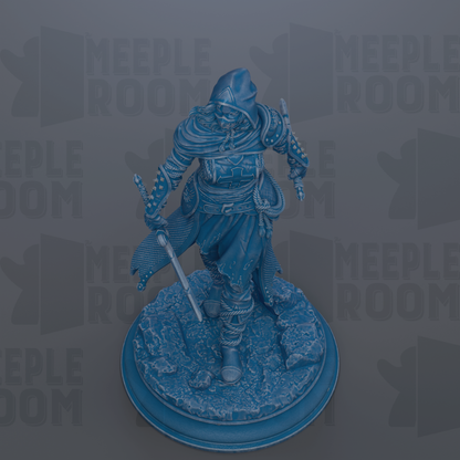 A blue statue of a warrior figure, holding a sword and shield, standing on a circular base.