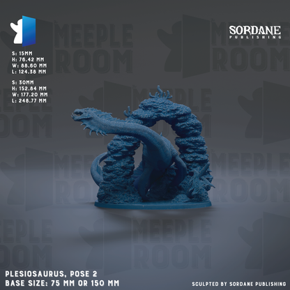 The image is a promotional poster for a tabletop miniatures game called "Plesiosaurus, pose 2". The poster features a large blue figurine of a creature resembling a serpent or alligator, with a text overlay providing details about the game.