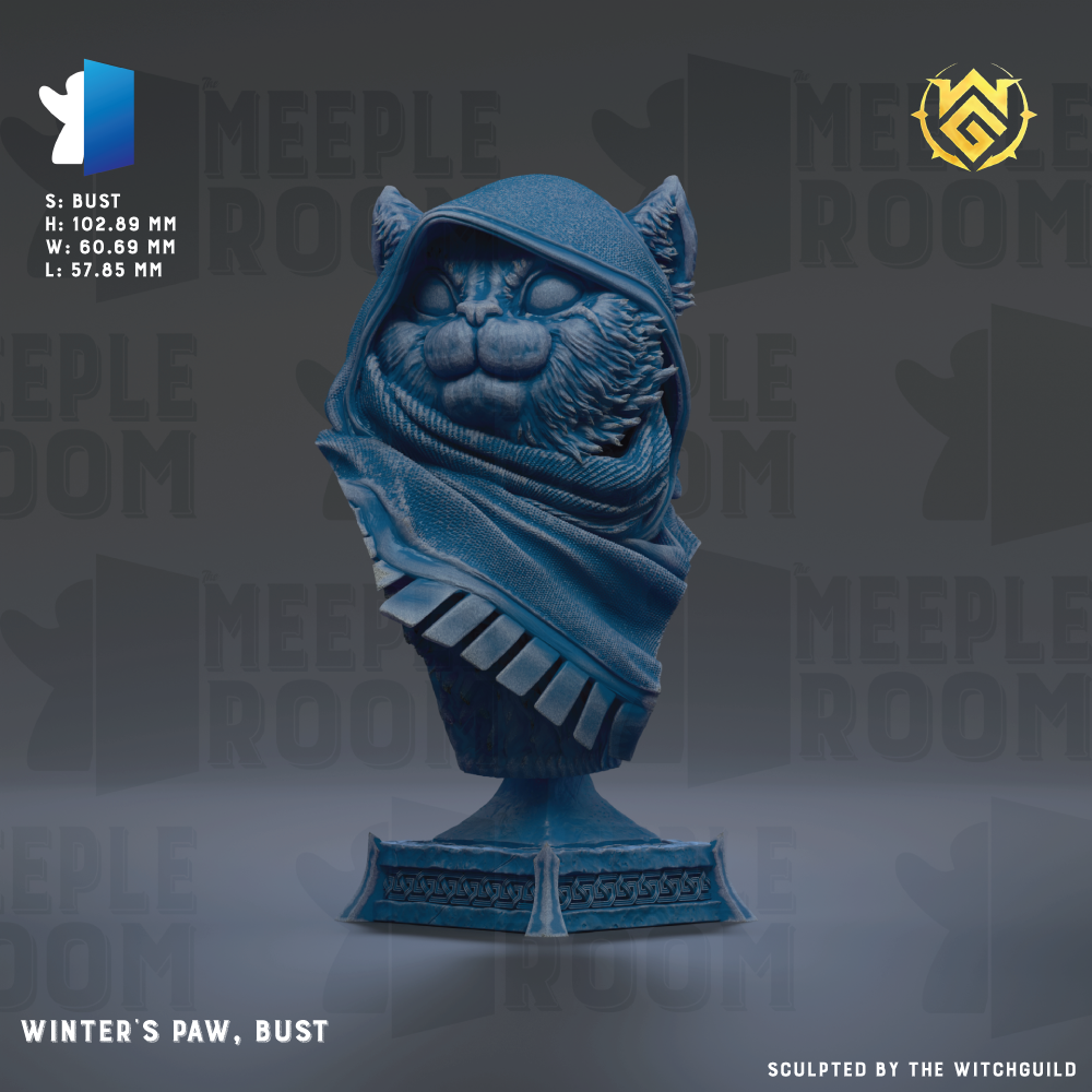 The image is a bust of a cat wearing a hooded scarf, titled "Winter's Paw, Bust".