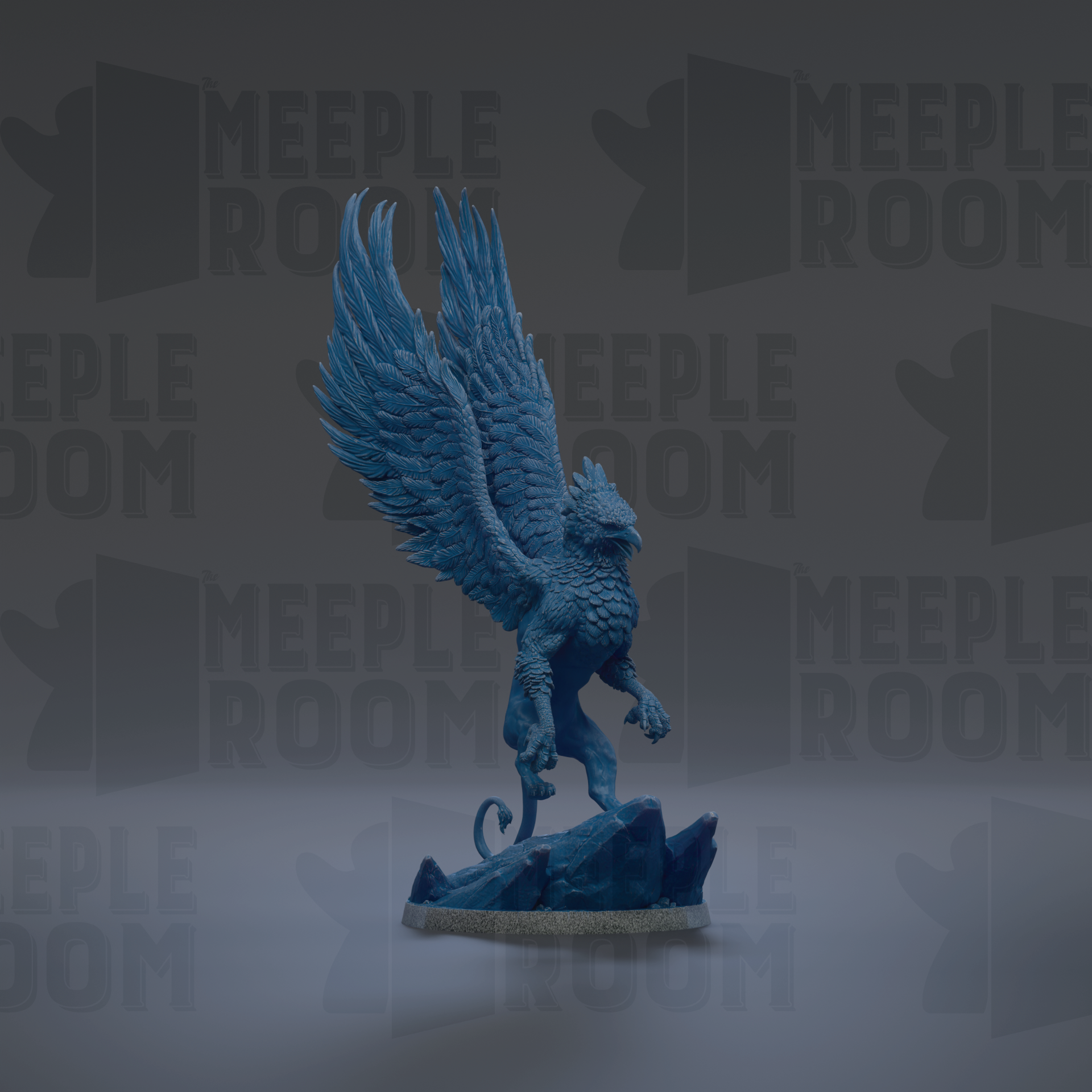 A blue winged creature with sharp talons stands on a rock formation against a dark background with repeated "MEIPLE ROOM" text.