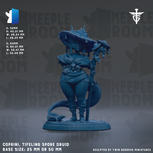 The image is a figurine of a female character, possibly a deity or magical being, with a large hat and a staff. The figurine is blue in color and appears to be made of a material that resembles metal or clay. The figurine is described as a "COPRINI, TIFELING SPORE DRUID" and is shown in a base size of 25mm or 50mm. The image is a part of a larger collection, as indicated by the text "SCHULPTED BY TWIN GODESS MINIATURES".