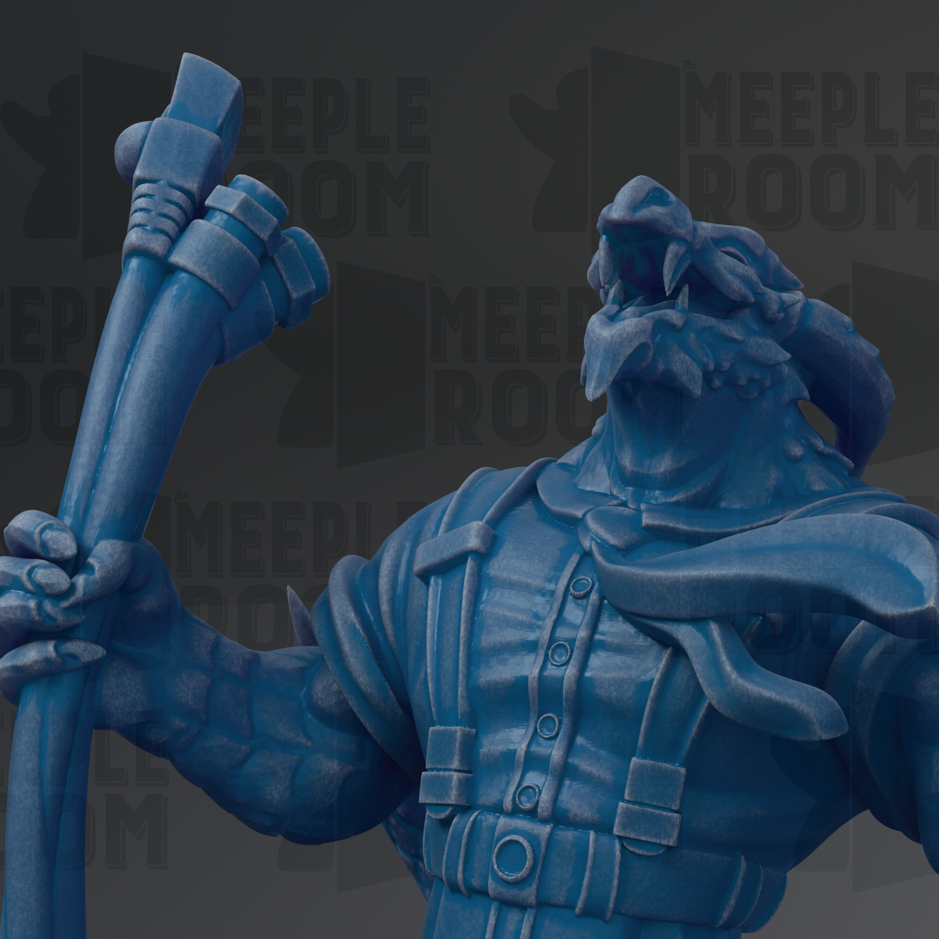 A close-up of a blue, 3D-rendered statue of a fantastical creature, possibly a dragon or serpent, holding a large object in its hand.