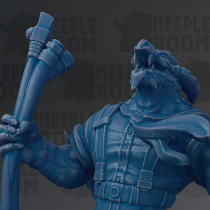 A close-up of a blue, 3D-rendered statue of a fantastical creature, possibly a dragon or serpent, holding a large object in its hand.