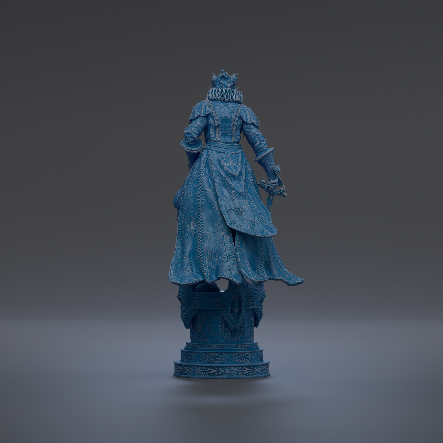 A blue statue of a person standing on a pedestal against a dark background.