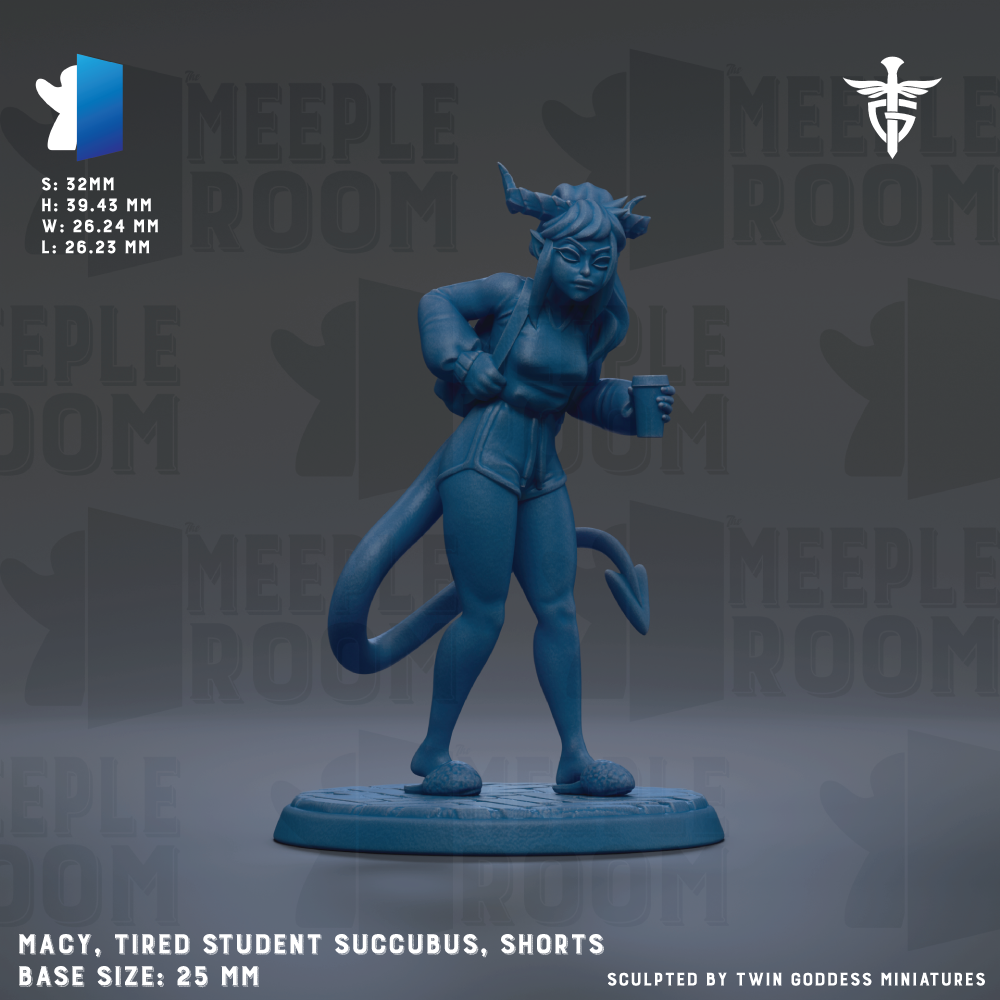 A blue figurine of a tired student succubus, wearing shorts, is shown against a dark background with repeated text and logos.