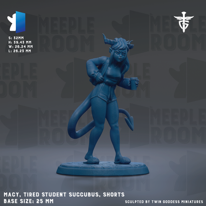 A blue figurine of a tired student succubus, wearing shorts, is shown against a dark background with repeated text and logos.