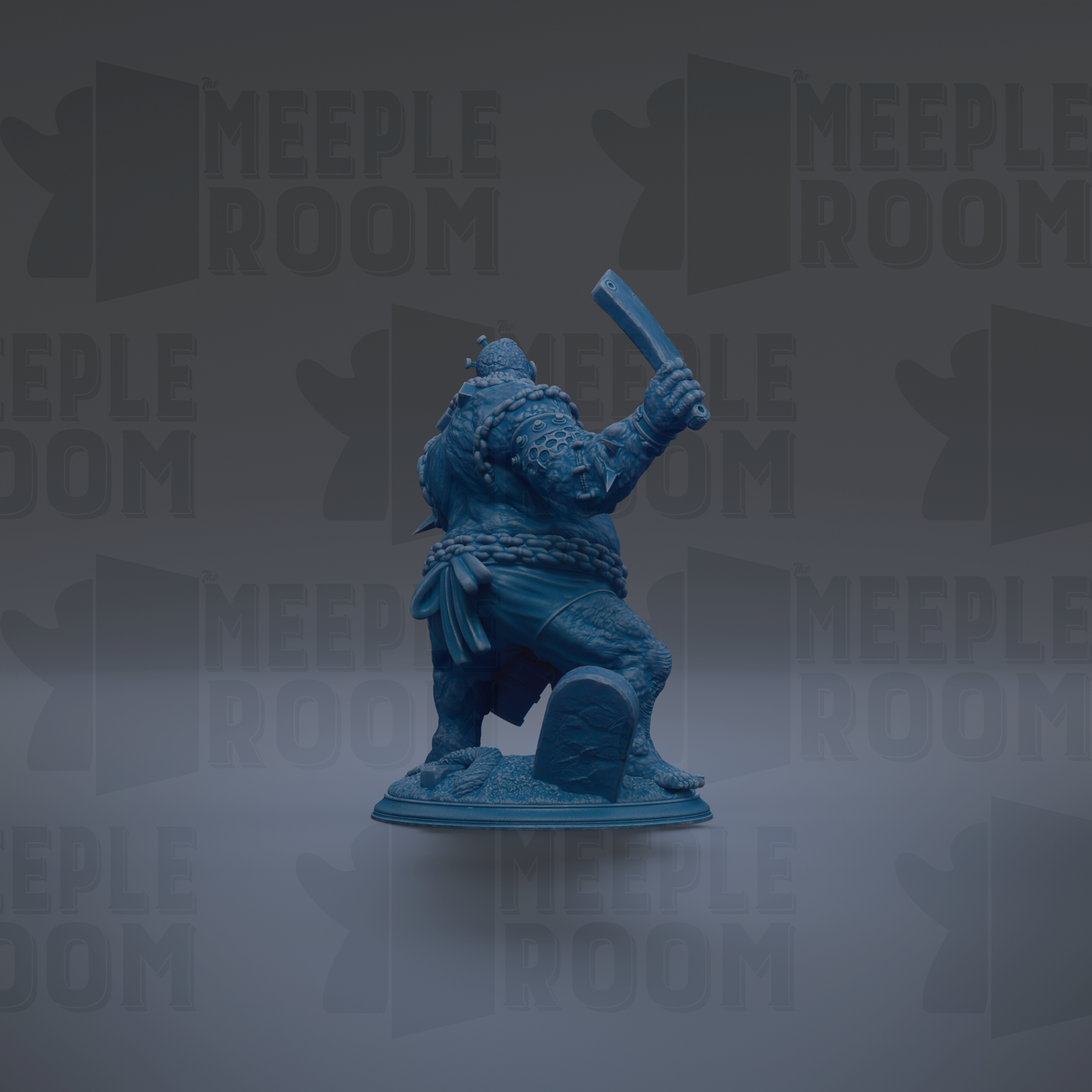 A blue figurine of a warrior-like character holding a sword and shield, standing on a pedestal against a dark background with repeated text.