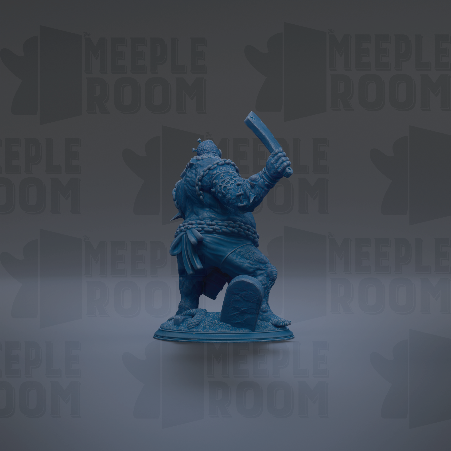 A blue figurine of a warrior-like character holding a sword and shield, standing on a pedestal against a dark background with repeated text.