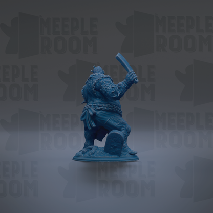A blue figurine of a warrior-like character holding a sword and shield, standing on a pedestal against a dark background with repeated text.