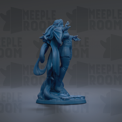 A blue figurine of a woman with flowing hair and a flowing cape stands on a base against a dark background with repeated text.